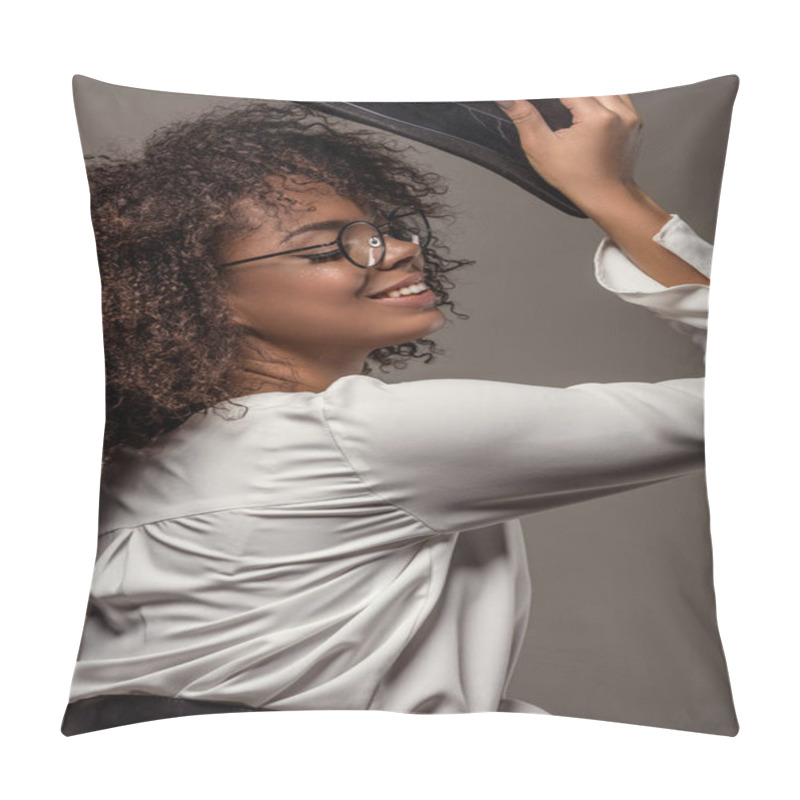 Personality  Attractive Young American Woman In White Shirt Wearing Glasses Pits Black Hat On Isolated On Grey Background Pillow Covers