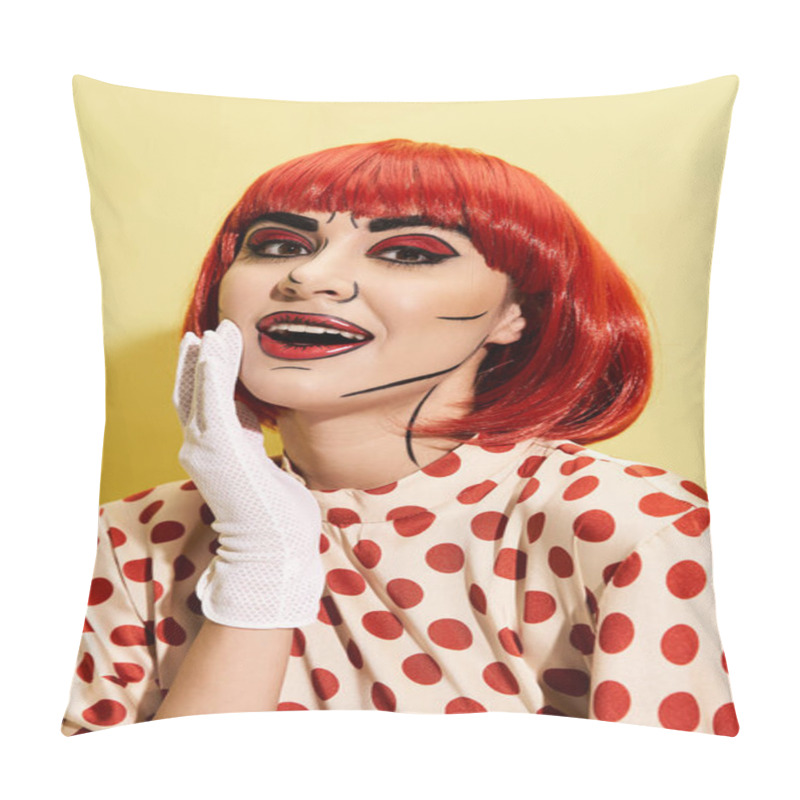 Personality  A Stunning Redhead Woman With Creative Makeup, In A Polka Dot Dress And White Gloves, On A Yellow Background. Pillow Covers