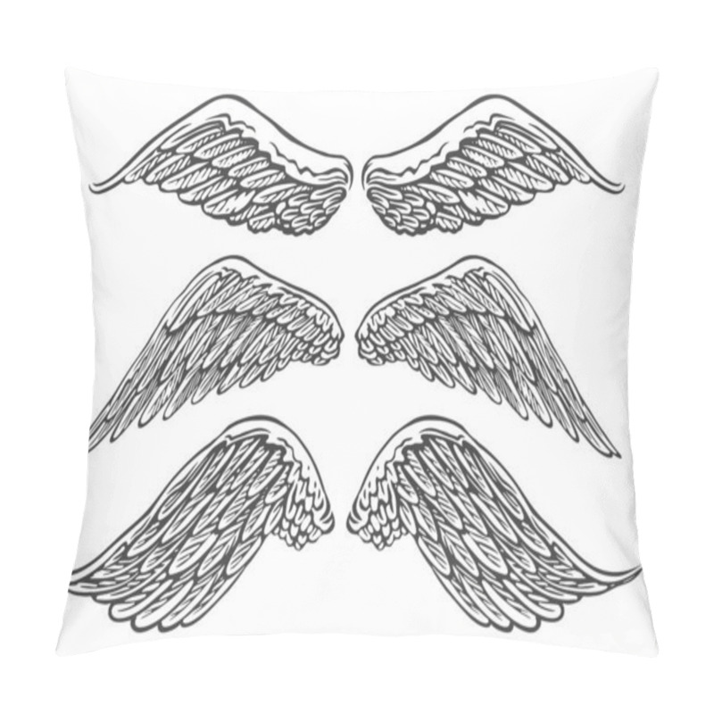 Personality  Wings Of Birds Or Angels Of Various Shapes In An Open Position. Hand Drawn Sketch Vintage Vector Illustration Pillow Covers