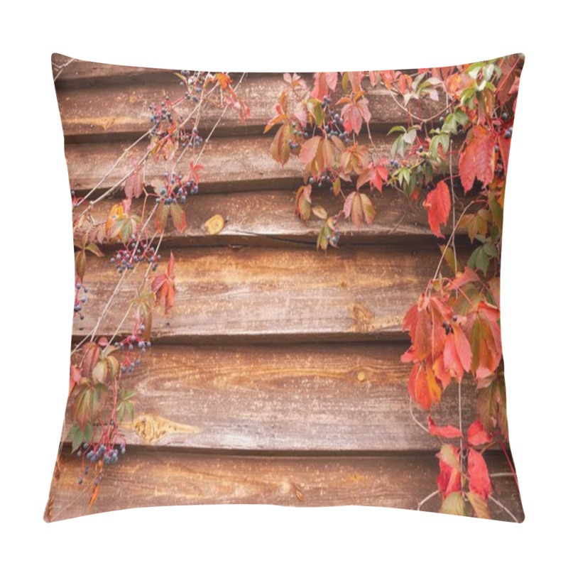 Personality  Rustic Wooden Wall With Red Autumn Leaves And Blue Berries Pillow Covers