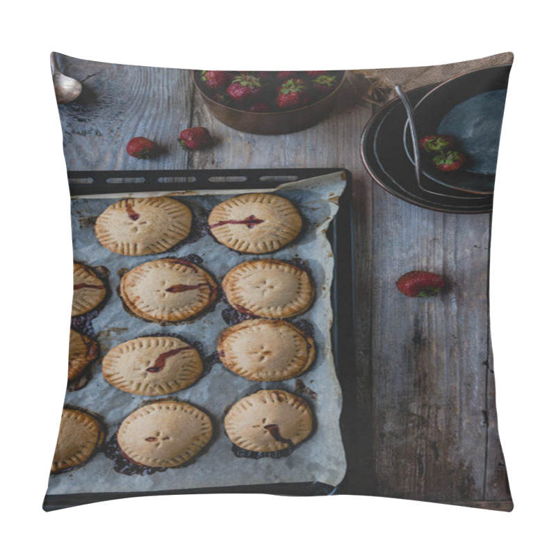 Personality  Elevated View Of Cooked Yummy Cookies With Strawberries On Tray Pillow Covers