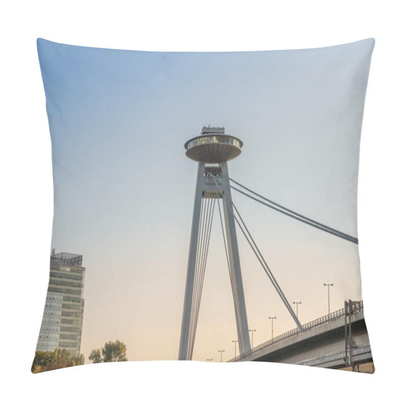 Personality  Bratislava, Slovakia - Oct 14, 2019: SNP Bridge And UFO Tower At Sunset - Bratislava, Slovakia Pillow Covers