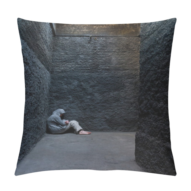 Personality  Scared, Insane Woman Hiding In A Corner Of An Ancient Building. Pillow Covers