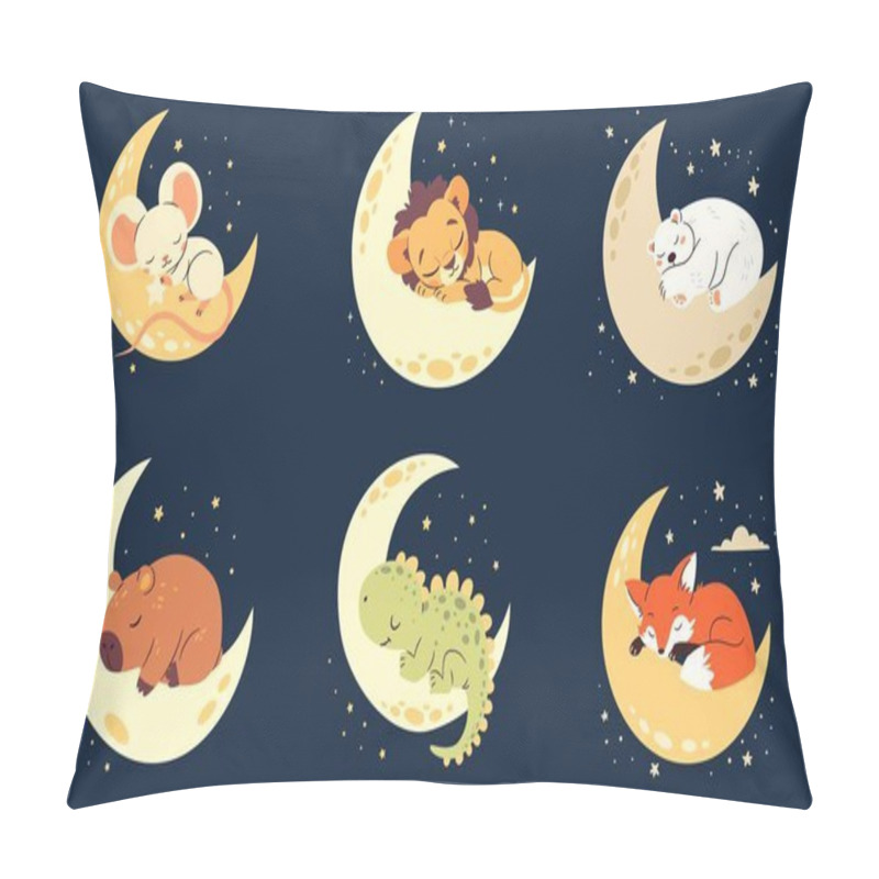 Personality  A Set Of Cute Illustrations In A Childish Style. Cute Newborn Animals Sleeping On The Moon, Night And Stars. Lion Capybara Fox Polar Bear Dinosaur Mouse. Vector Illustration Pillow Covers