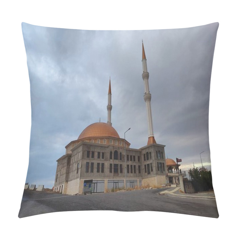 Personality  Turkiye, November 15, 2024, Majestic Mosque Under Stormy Skies: A Serene Symbol Of Faith And Resilience Standing Tall Against Dark Clouds, With Twin Minarets Reaching For The Heavens. Pillow Covers