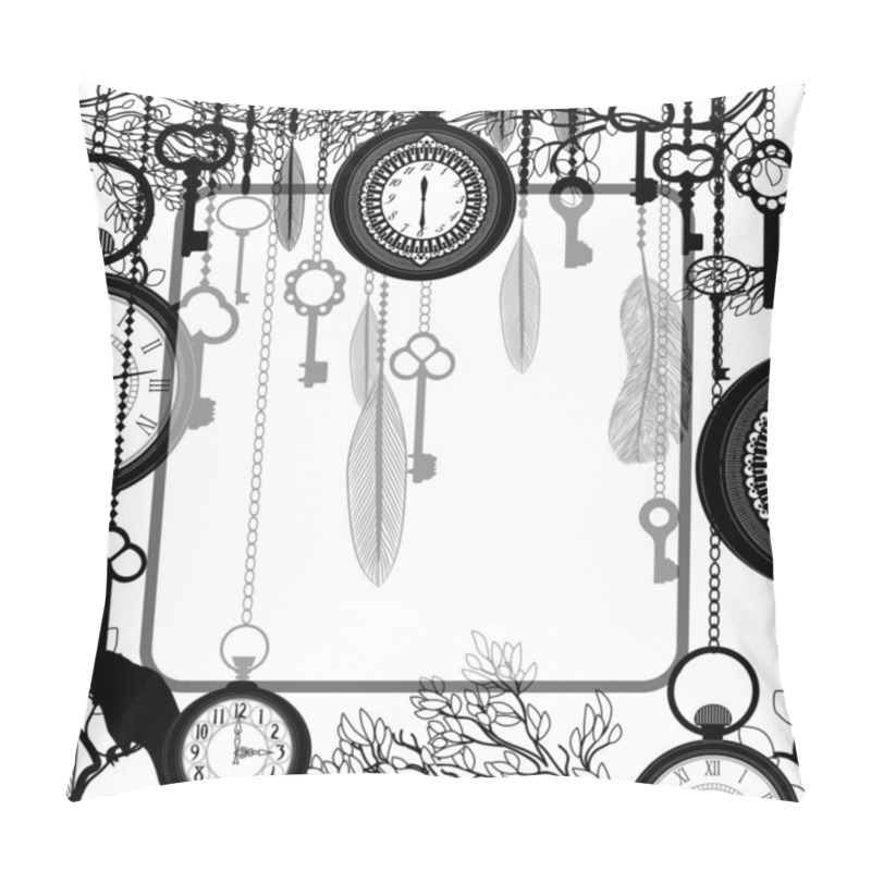 Personality  Black And White Background With Tree Branches And Antique Clocks And Keys Pillow Covers