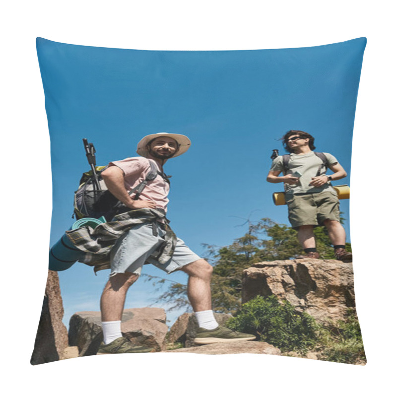 Personality  Two Young Men, A Gay Couple, Enjoy A Summer Hiking Adventure In The Wilderness. Pillow Covers