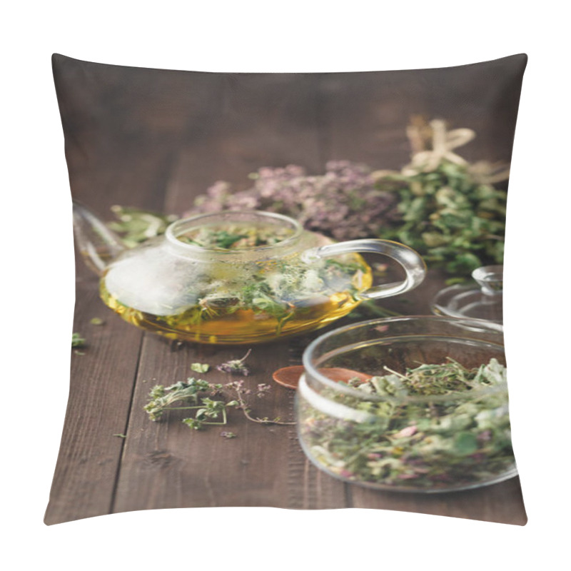 Personality  Dried Herbs On Wooden Table And Kettle Wfor Tea Pillow Covers