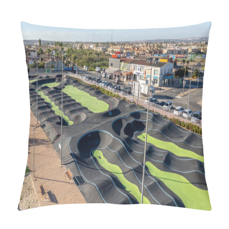 Personality  A Vibrant View Of The Pump Track In El Chaparral, Torrevieja, Featuring Undulating Tracks, Pathways, Benches, And Nearby Urban Development Pillow Covers