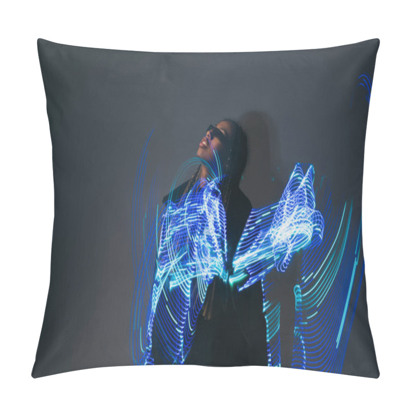 Personality  African American Woman In Smart Glasses Standing Near Abstract Projection On Grey Background  Pillow Covers