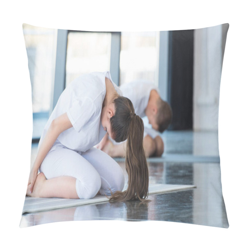 Personality  Woman In Child Pose Balasana With Instructor Pillow Covers