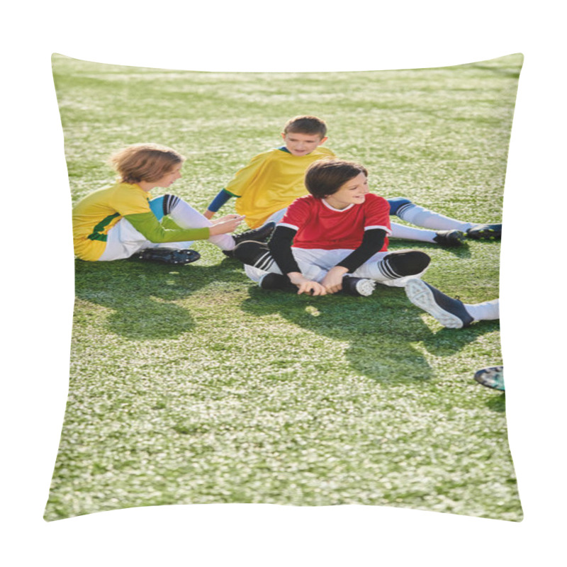 Personality  A Group Of Young Boys Joyously Perch Atop A Soccer Field, Their Eyes Gleaming With Excitement And Anticipation. The Green Grass Under Them Contrasts With Their Vibrant Energy, Creating A Dynamic Scene Filled With The Promise Of Athletic Fun. Pillow Covers