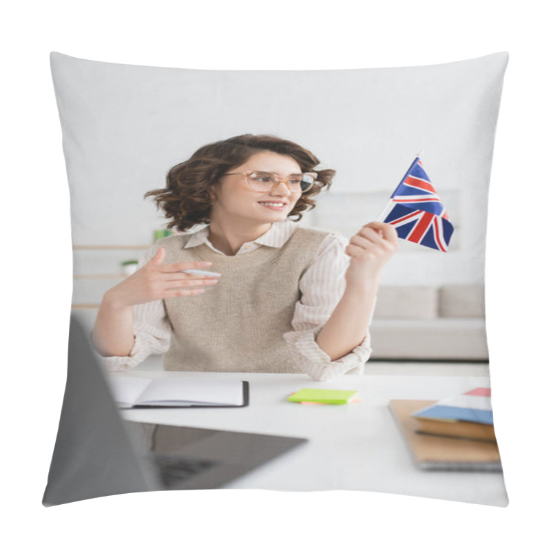 Personality  Cheerful Language Teacher Looking At Flag Of United Kingdom While Sitting Near Blurred Laptop At Home Pillow Covers