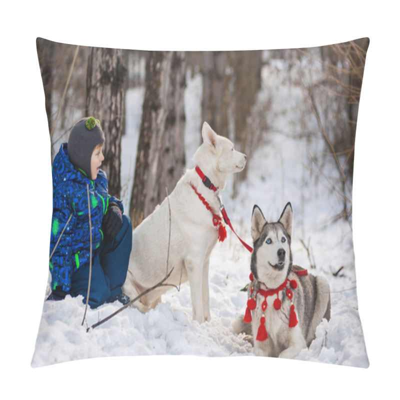 Personality  Child And Husky Walk In The Winter Woods Pillow Covers