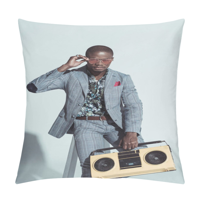 Personality  Stylish Man On Bar Stool With Boombox Pillow Covers