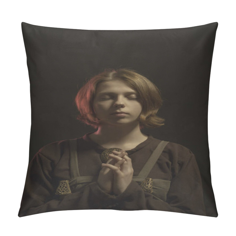 Personality  Pretty Medieval Scandinavian Woman Posing Over Dark Background. Pillow Covers