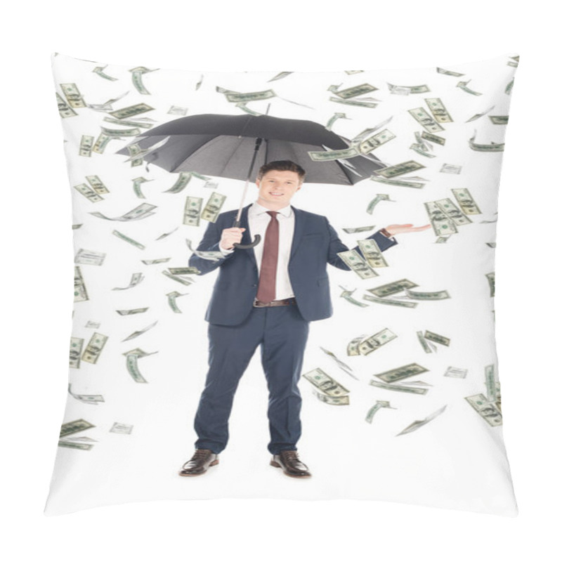 Personality  Smiling Businessman In Suit With Umbrella Gesturing Under Money Rain Pillow Covers