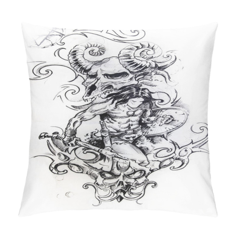 Personality  Viking Warrior, Sketch Of Tattoo Pillow Covers