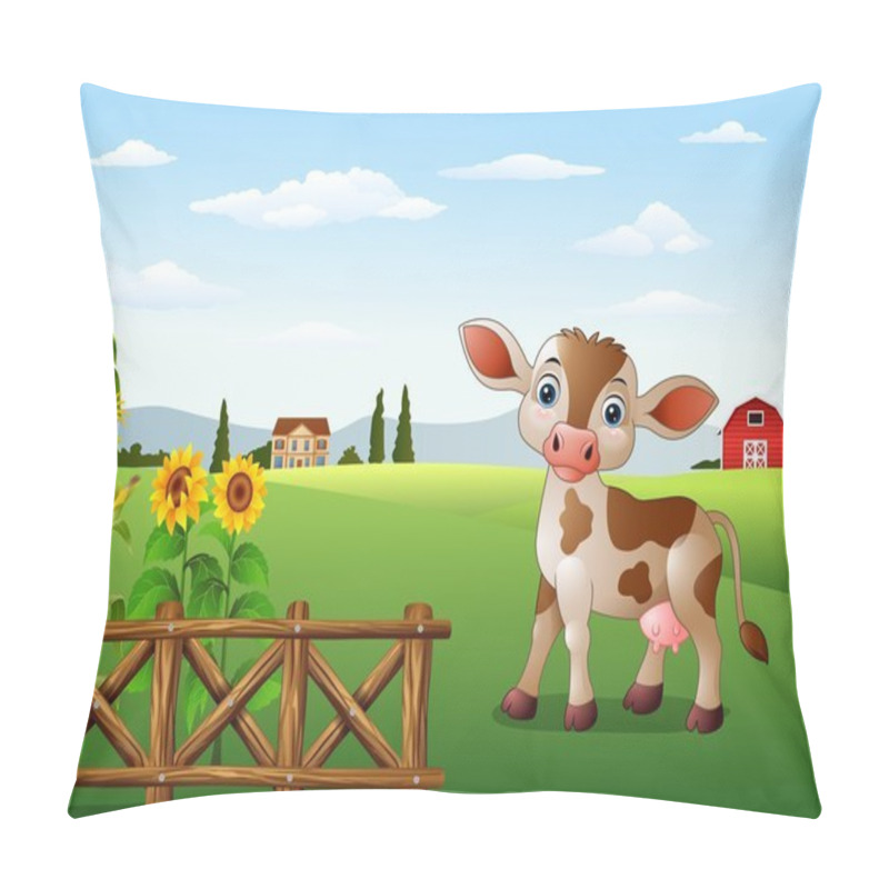 Personality  Cartoon Cow With Farm Landscape Pillow Covers