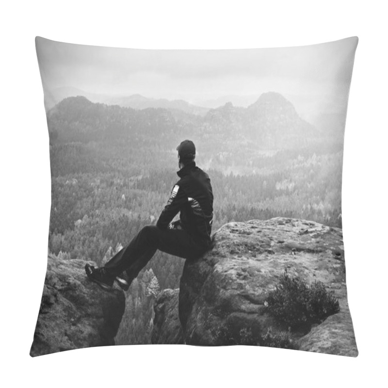 Personality  Man In Black Sit On Cracked Rocky Empires. Melancholy Misty Day Pillow Covers