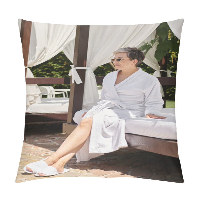 Personality  Happy Mature Woman In Sunglasses And Robe Resting In Private Beach Pavilion During Wellness Retreat Pillow Covers