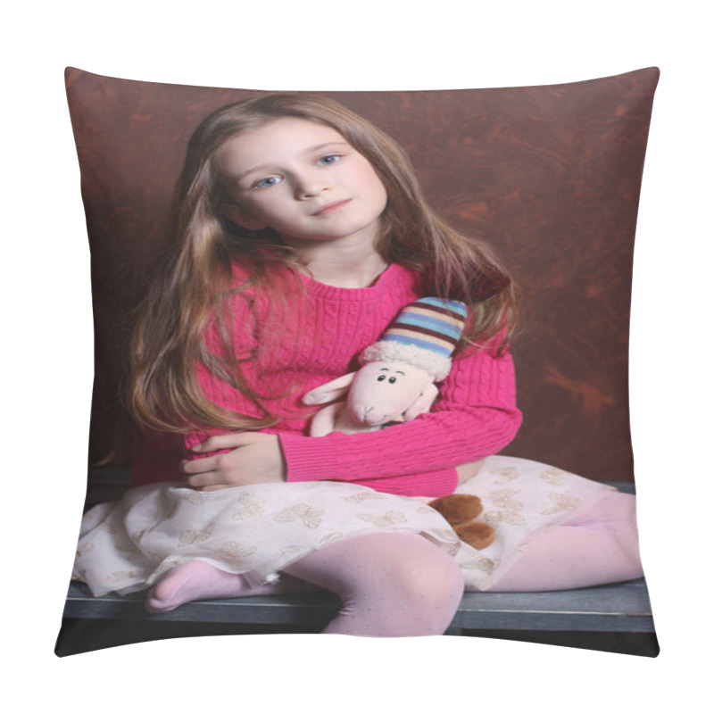 Personality  My Favourite Toy. Cute Little Girl With Blue Eyes Hugs A Toy And Dreams Or Is Sad. Pillow Covers