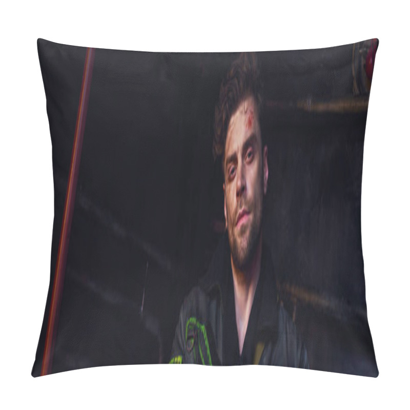 Personality  Portrait Of Unshaven Man With Injured Face Looking At Camera In Dark Post-apocalyptic Subway, Banner Pillow Covers