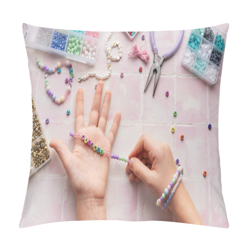 Personality  Kid Creating Handmade Jewelry, Enjoying A Relaxing Hobby Pillow Covers