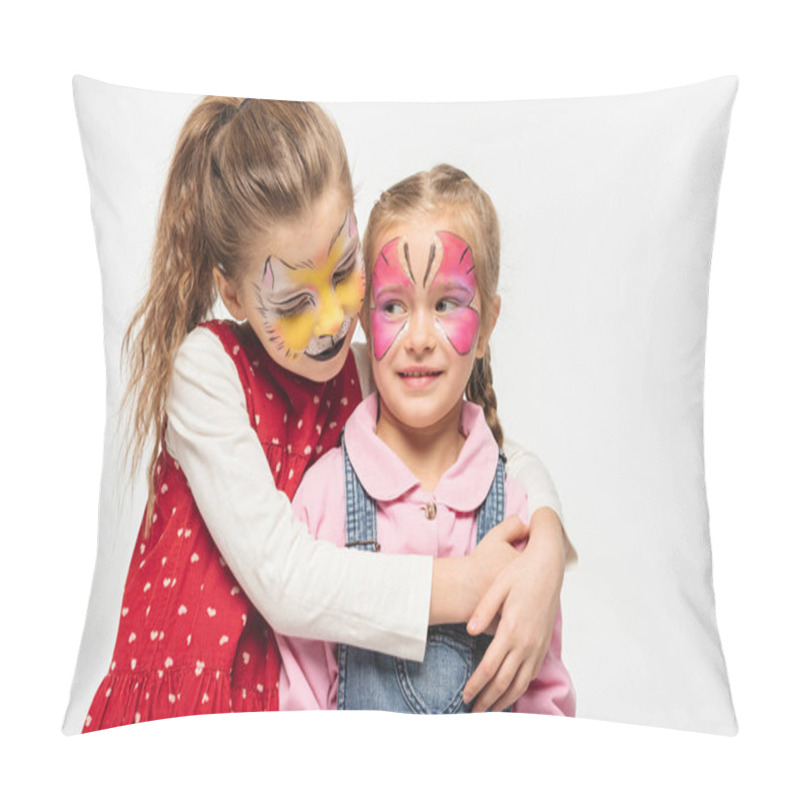 Personality  Adorable Kid With Cat Muzzle Painting On Face Embracing Friend With Painted Butterfly Mask Isolated On White Pillow Covers