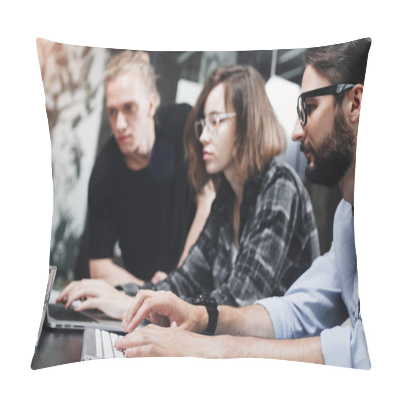 Personality  Account Managers Young Crew Works With New Startup In Modern Loft Space. Team Brainstorming. Photo Of Creative Managers Crew Working On New Project In Modern Office Pillow Covers