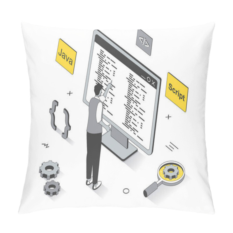 Personality  Development Concept In 3d Isometric Outline Design. Developer Programs And Writes Code In Java, Creates Spripts, Engineering And Optimizes, Line Web Template. Illustration With People Scene Pillow Covers