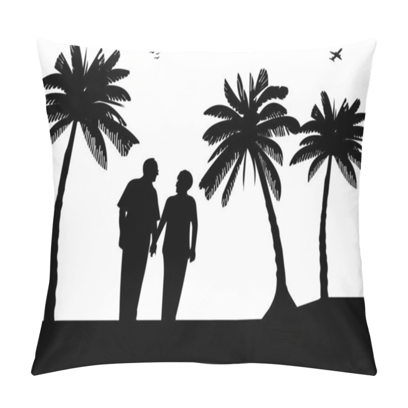 Personality  Lovely Retired Elderly Couple Walking On The Beach Between Palm Trees Pillow Covers