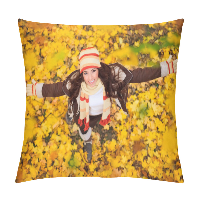 Personality  Happy Woman Playing In Autumn Pillow Covers