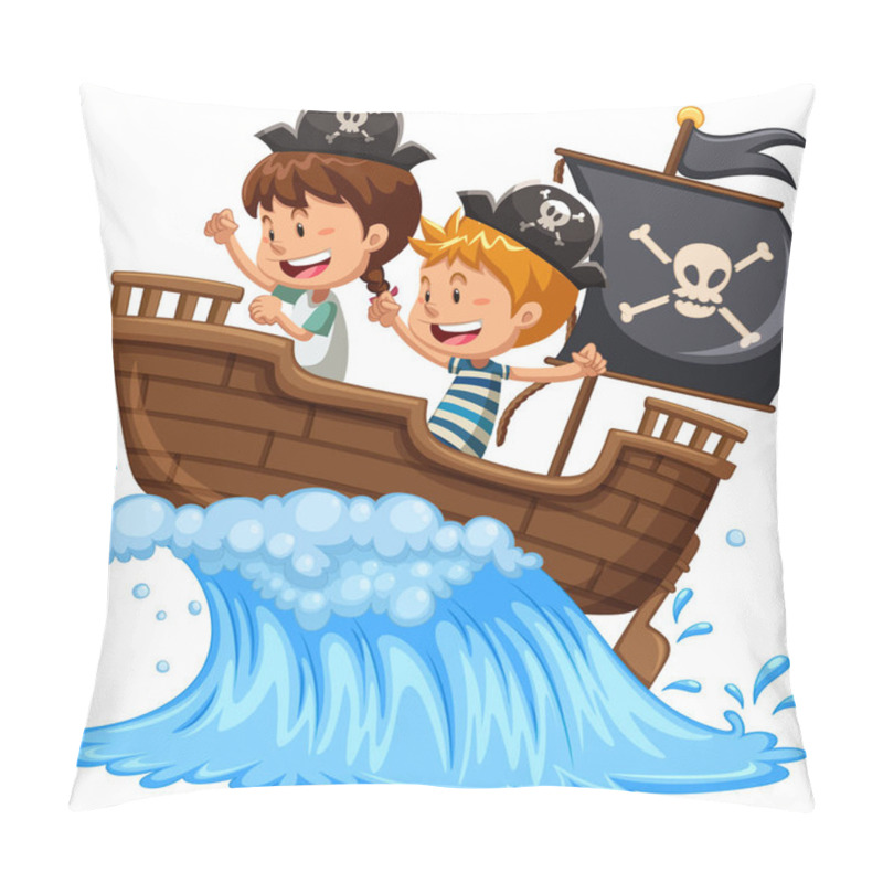 Personality  Parate Kids On The Boat On White Background Illustration Pillow Covers