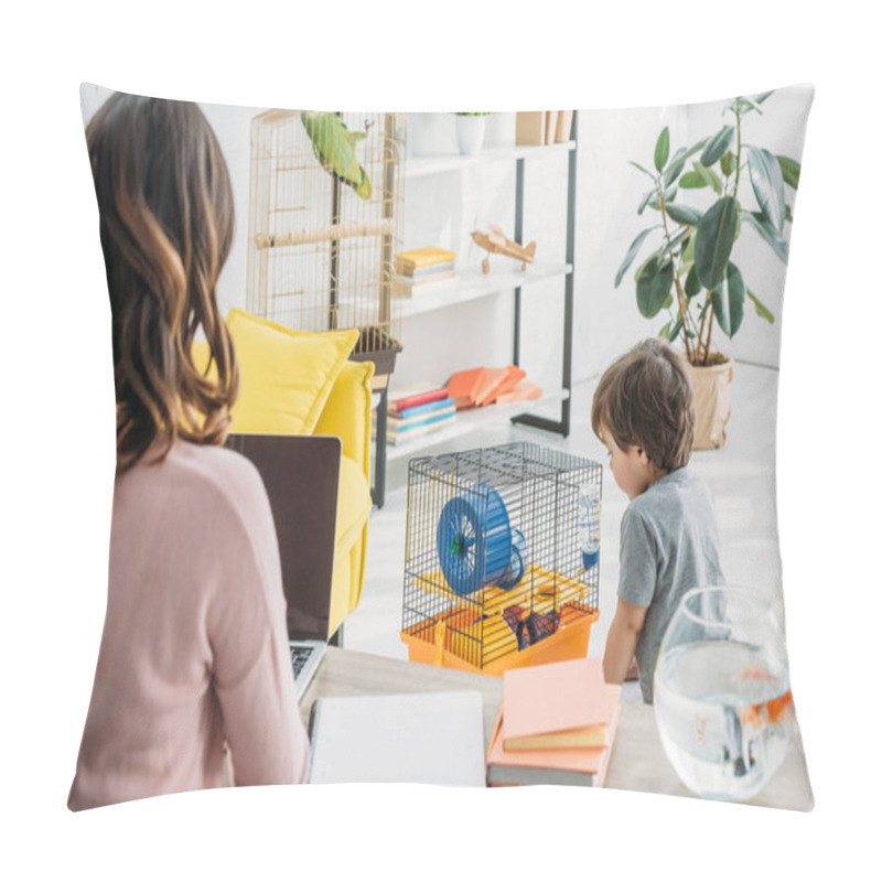 Personality  Back View Of Mother Using Laptop And Cute Son Standing Near Pet Cage Pillow Covers