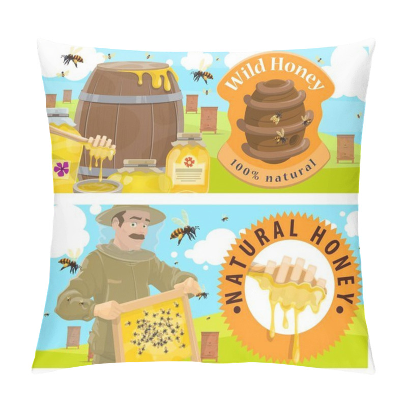 Personality  Beekeeping Farmer, Apiary Honey Vector Banner. Agriculture Apiculture And Beekeeper Hobby. Beekeeper In Protective Clothing Holding A Comb Frame, Wild Bee Nest, Barrel And Jar Filled With Tasty Honey Pillow Covers