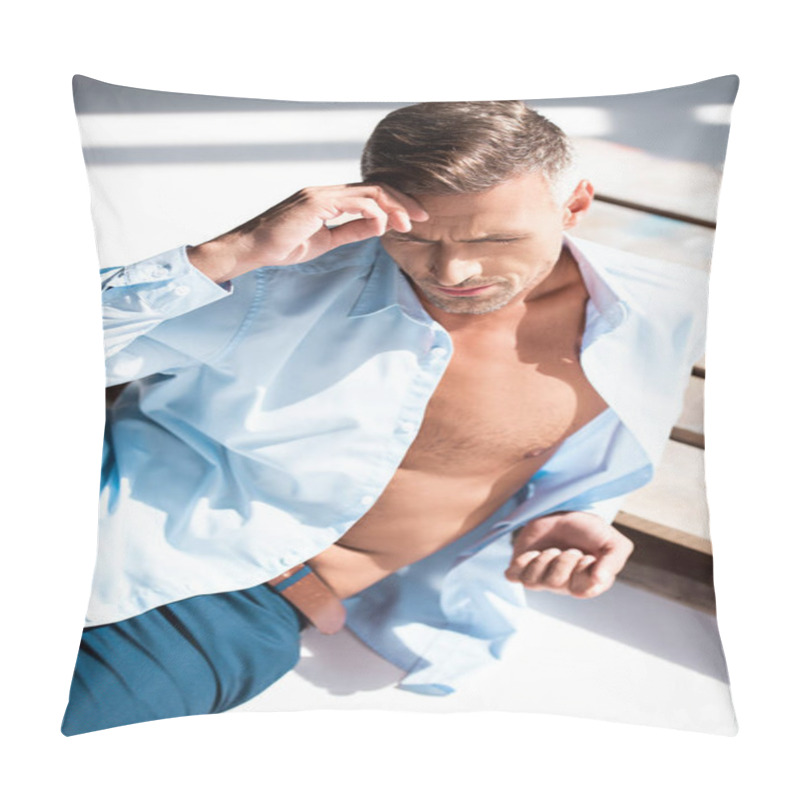 Personality  High Angle View Of Handsome Macho Lying On Wooden Pallet On White Pillow Covers