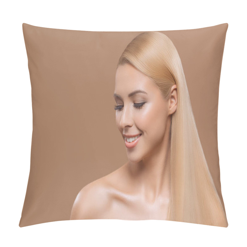 Personality  Portrait Of Beautiful Blonde Long Hair Girl With Closed Eyes Isolated On Beige Pillow Covers