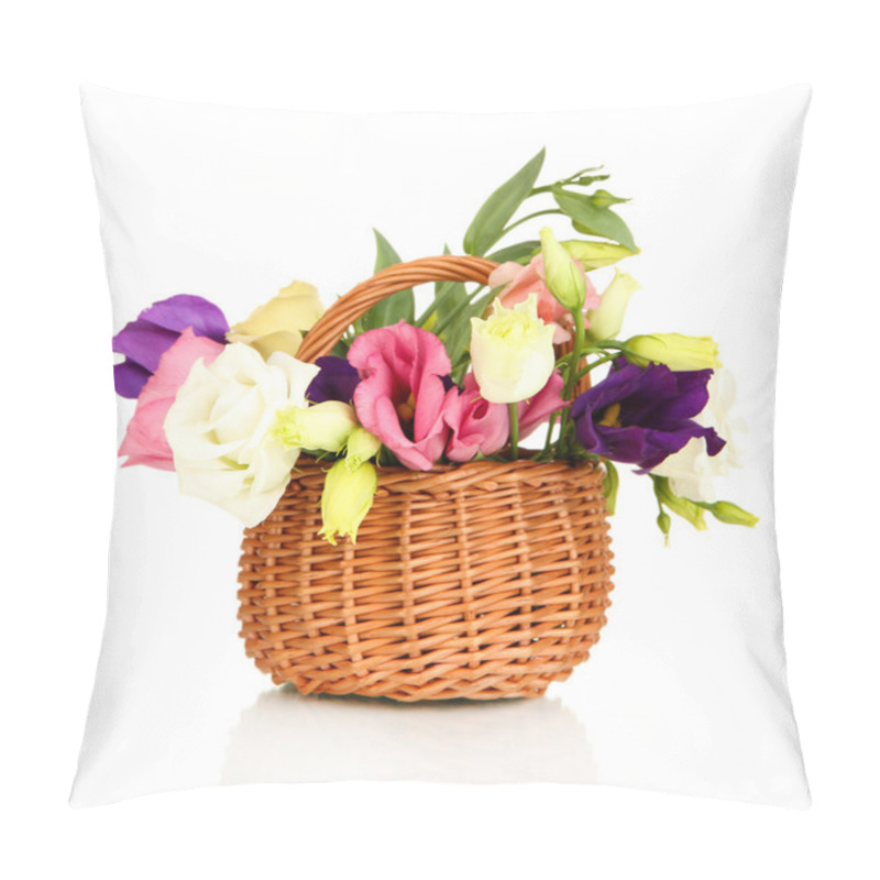 Personality  Bouquet Of Eustoma Flowers In Wicker Basket Isolated On White Pillow Covers