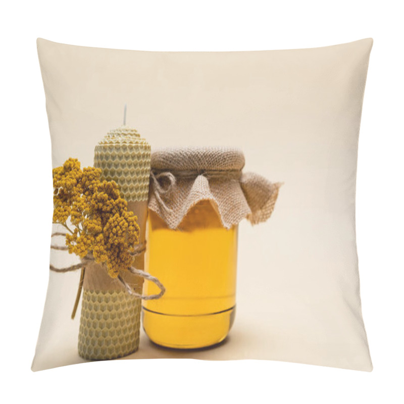 Personality  Jar With Honey Near Handmade Candle On Beige Background  Pillow Covers