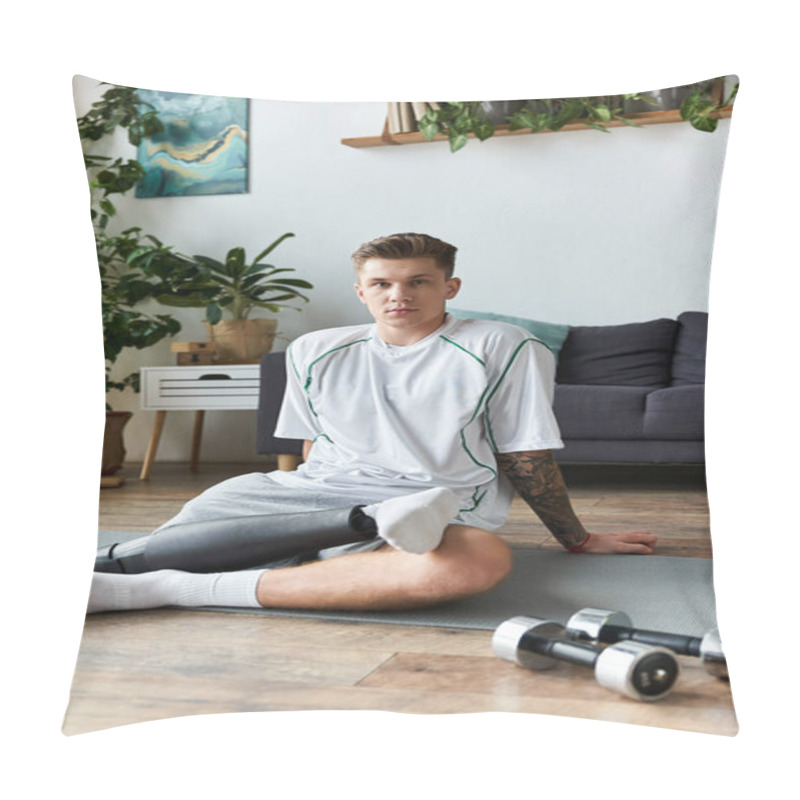 Personality  Young Man With A Prosthetic Leg Sits On A Mat, Showcasing Determination And Fitness At Home. Pillow Covers