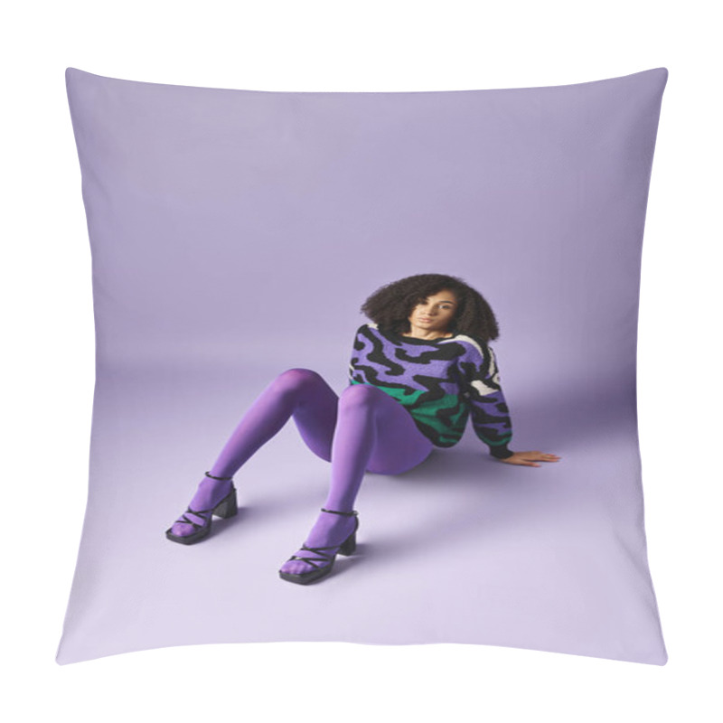 Personality  A Young Woman Exuding A Sense Of Calm And Tranquility, Against A Vibrant Purple Studio Backdrop. Pillow Covers