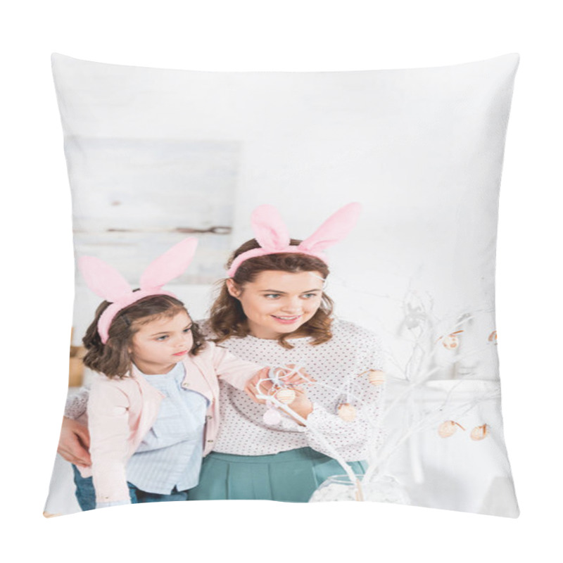 Personality  Happy Mother And Daughter In Bunny Ears Decorating Easter Tree Pillow Covers