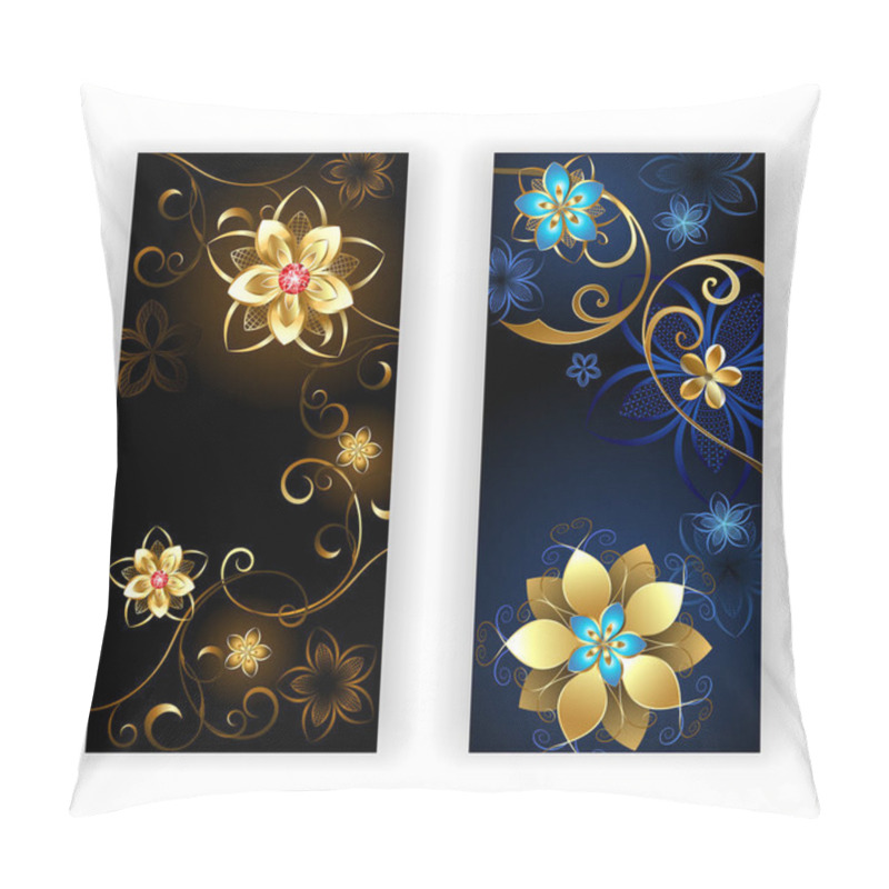 Personality  Two Vertical Banner With Shiny Gold Jewelry Flowers On A Black Background. Pillow Covers