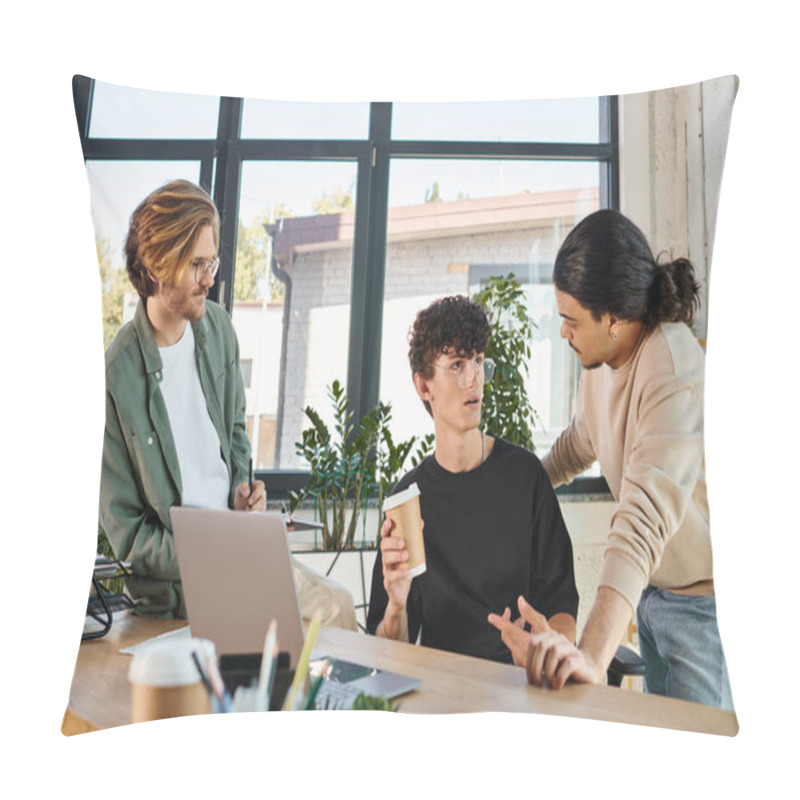 Personality  Young Man With Coffee To Go Discussing Startup Project With His Male Colleagues, Collaboration Pillow Covers