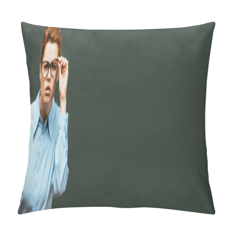 Personality  Horizontal Concept Of Focused Teacher Touching Eyeglasses While Peering Near Chalkboard Pillow Covers