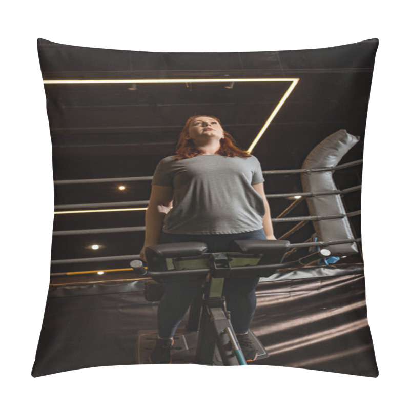 Personality  Low Angle View Of Overweight Girl Doing Lower Back Extension Exercise On Training Machine Pillow Covers