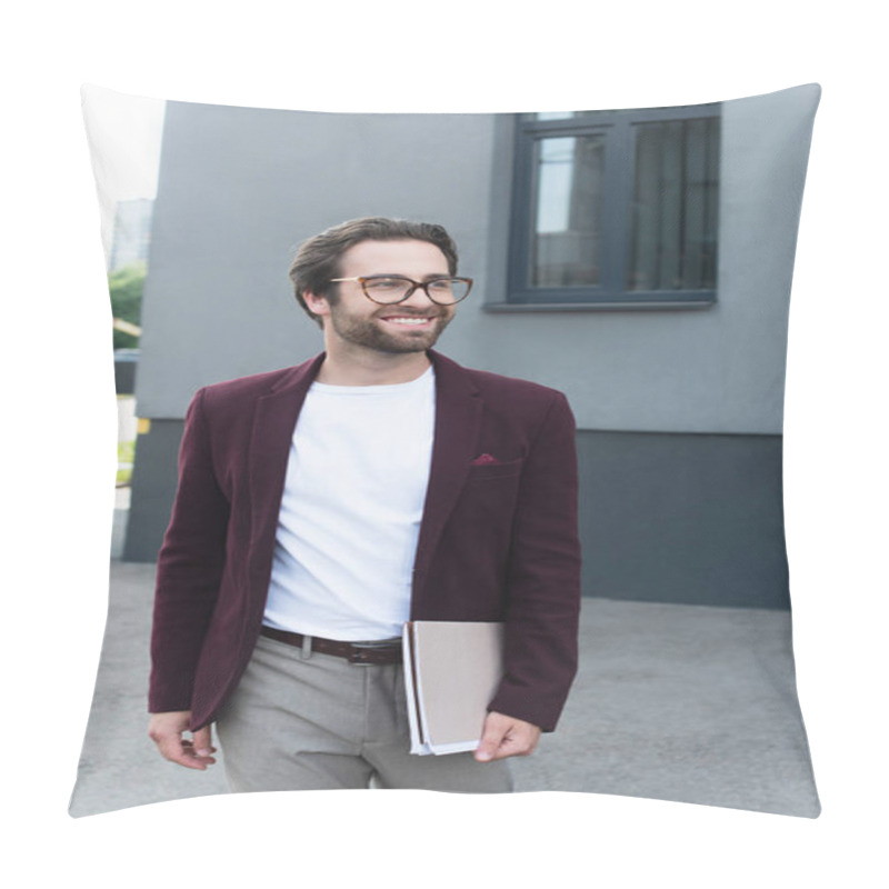 Personality  Cheerful Businessman In Eyeglasses Holding Paper Folders Near Building Outdoors  Pillow Covers