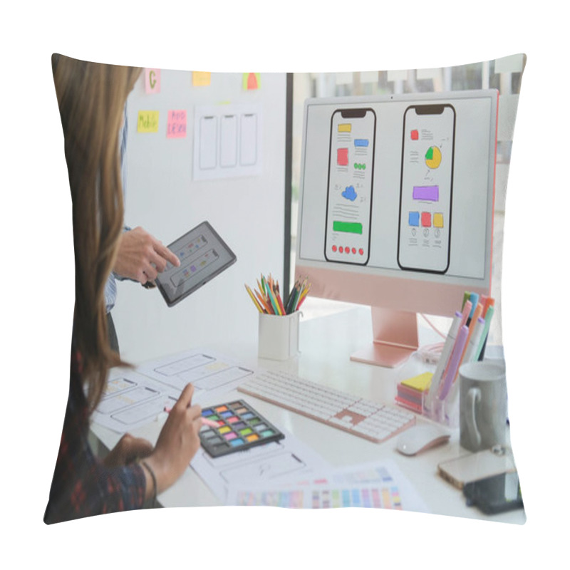 Personality  Ux Developer And Ui Designer Using Modern Devices While Working On Mobile App Wireframe Design Together At Creative Office. Pillow Covers