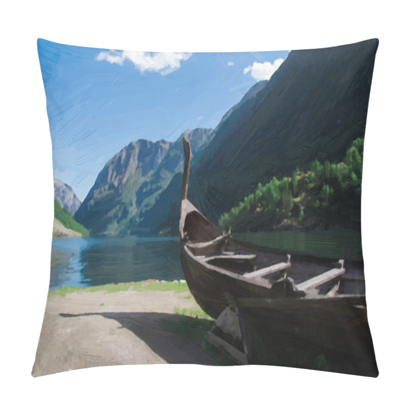 Personality  Painted Wooden Boat Near Sea, Green Trees And Mountains  Pillow Covers